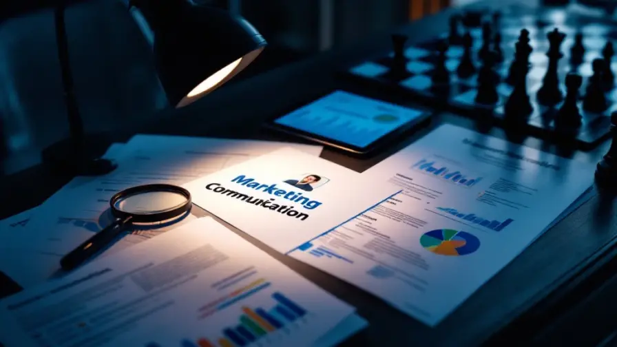 Professioneel bureau met uitgelicht cv, vergrootglas bij marketingwoorden, digitaal dashboard en schaakbord dat talentstrategie symboliseert.