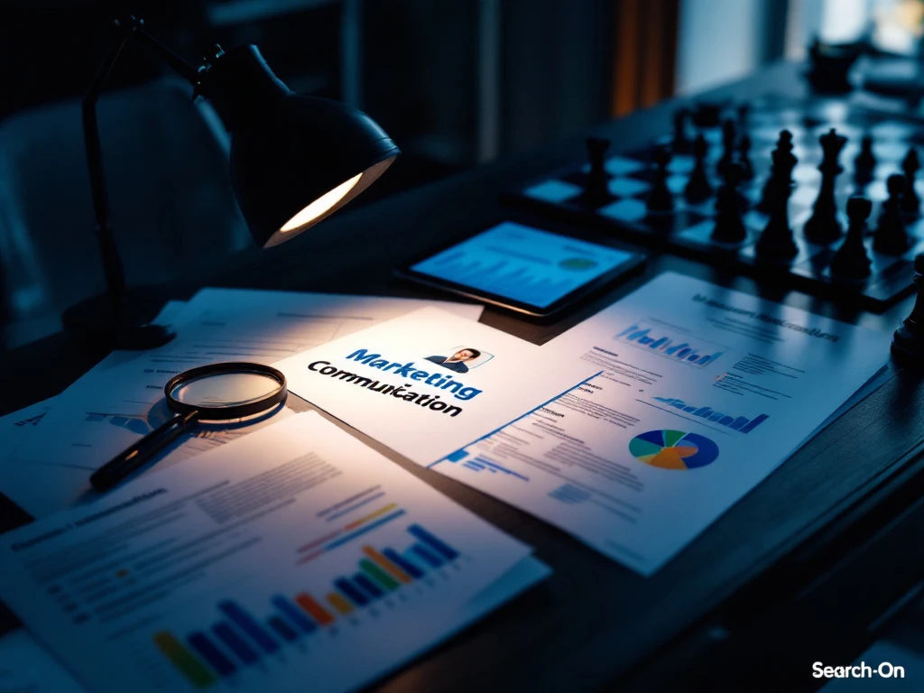 Professioneel bureau met uitgelicht cv, vergrootglas bij marketingwoorden, digitaal dashboard en schaakbord dat talentstrategie symboliseert.