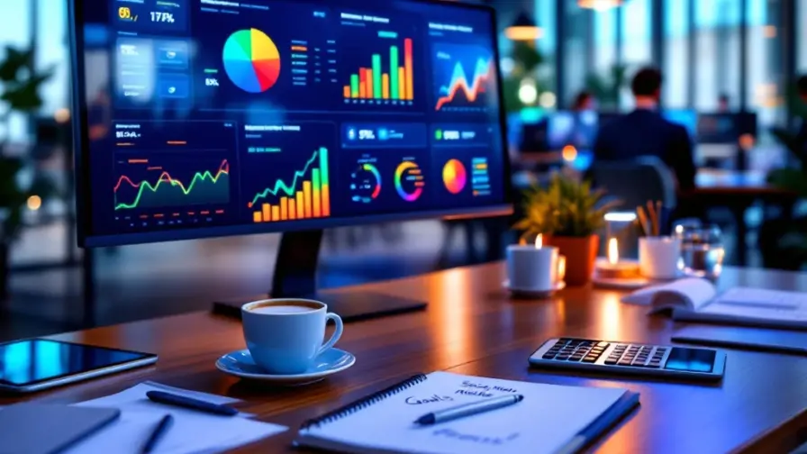 Modern bureau met data dashboard op monitor die prestatiemetrieken toont, marketingmaterialen, tablet en notitieboek in een professionele kantooromgeving.