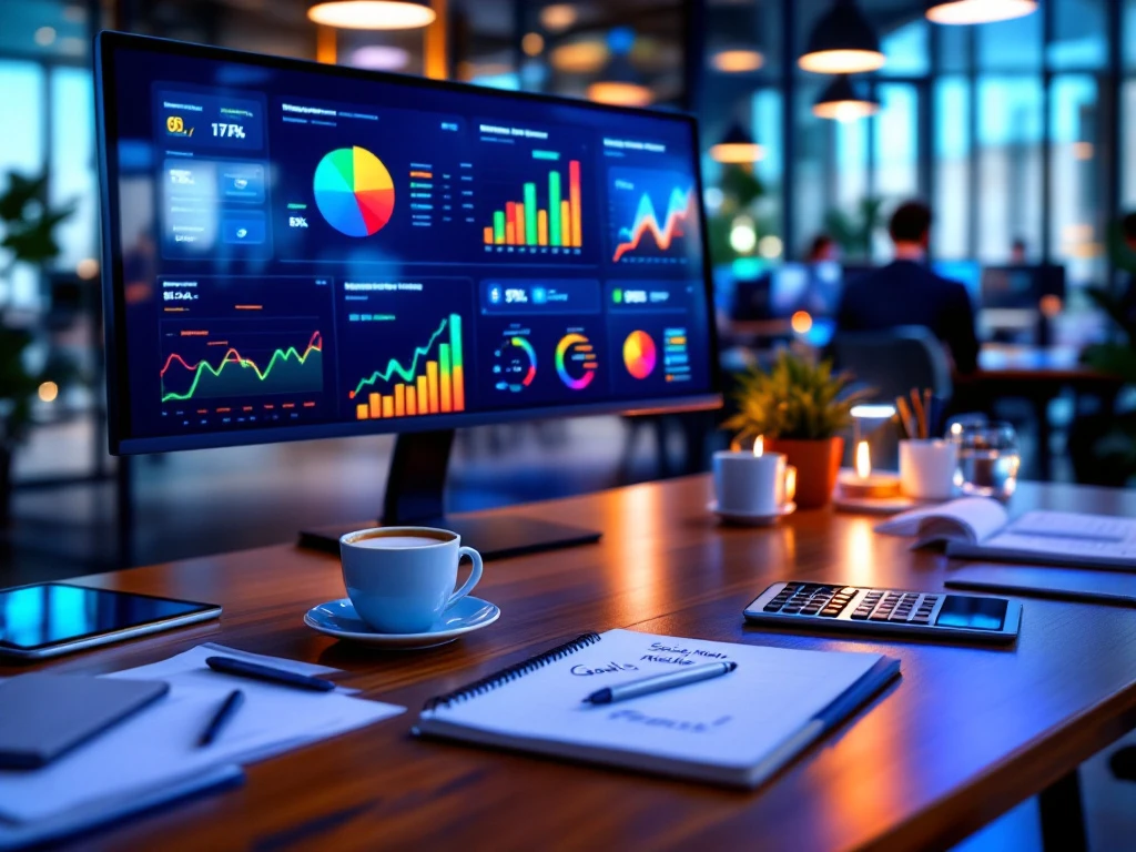Modern bureau met data dashboard op monitor die prestatiemetrieken toont, marketingmaterialen, tablet en notitieboek in een professionele kantooromgeving.
