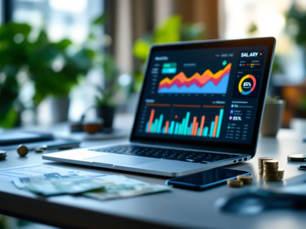Professionele bureauruimte met laptop die analytisch dashboard toont, smartphone met marketingmetrieken, en eurobiljetten die salaris symboliseren in een modern kantoor met natuurlijk licht.