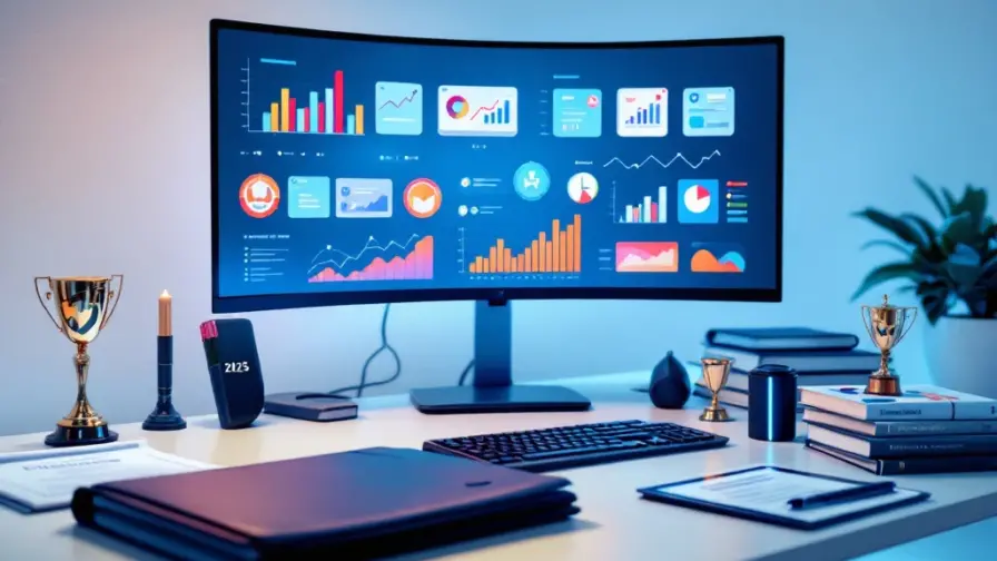 Professionele marketingwerkplek met digitale certificaten, analytics-dashboards, portfolio met "2025", vakliteratuur en trofee in een blauwe, innovatieve omgeving.
