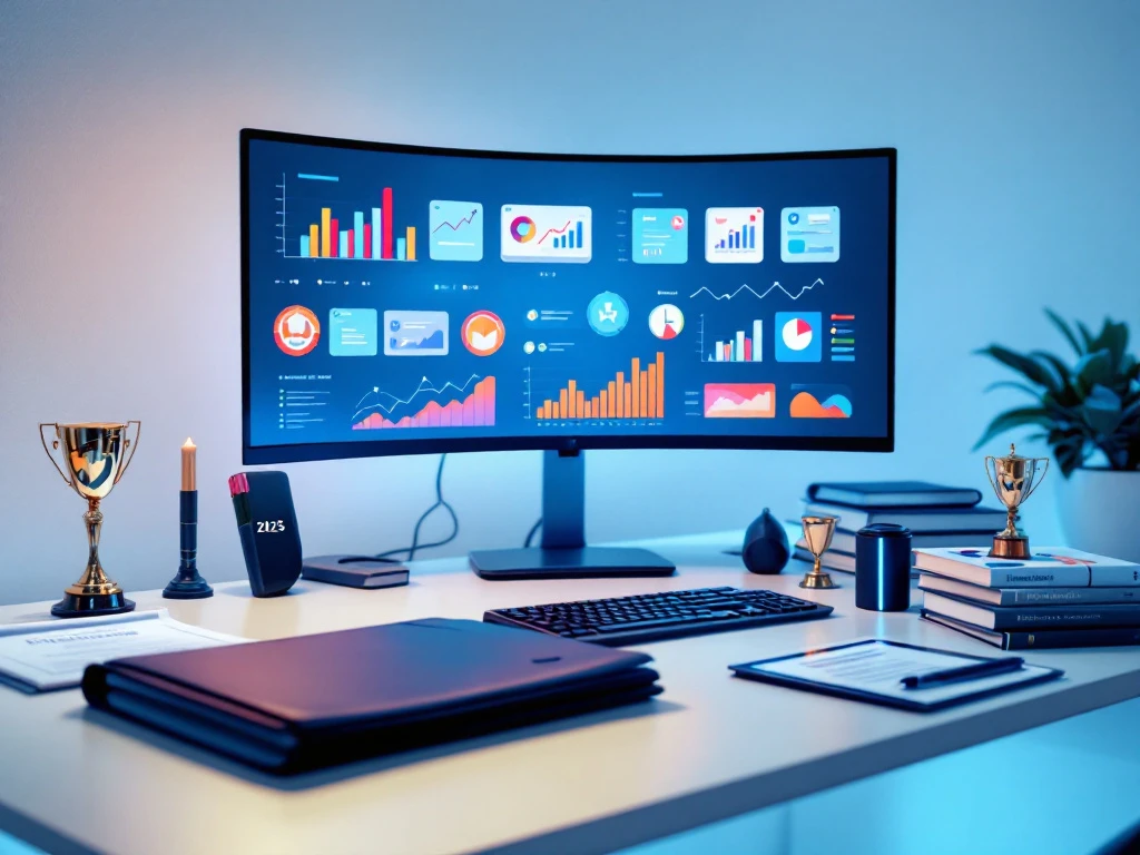 Professionele marketingwerkplek met digitale certificaten, analytics-dashboards, portfolio met "2025", vakliteratuur en trofee in een blauwe, innovatieve omgeving.