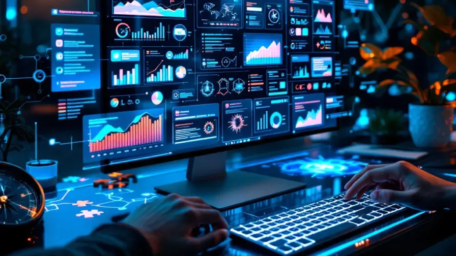 Futuristische marketingwerkplek met holografische schermen, analysetools en een transparant toetsenbord in blauw-oranje verlichting met symbolen voor strategie en groei.