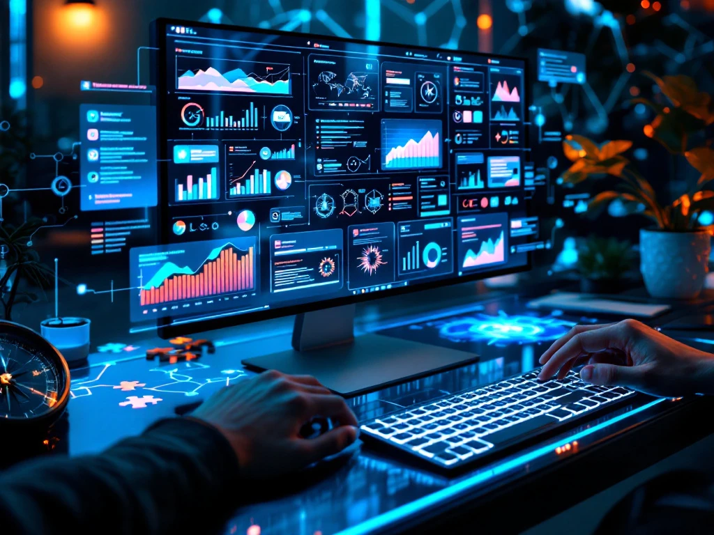 Futuristische marketingwerkplek met holografische schermen, analysetools en een transparant toetsenbord in blauw-oranje verlichting met symbolen voor strategie en groei.