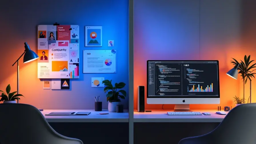 Gedeelde kantooromgeving met creatieve contentmarketingwerkplek links en technische SEO-werkruimte rechts, verbonden door centraal element met blauwe en oranje verlichting.