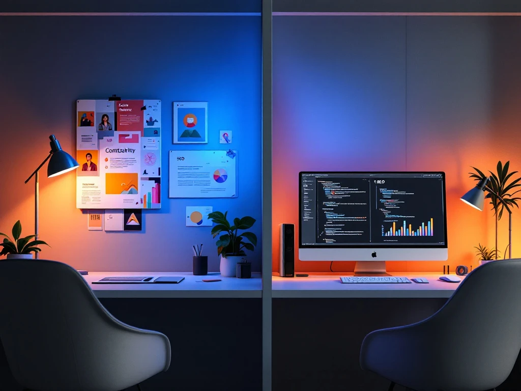 Gedeelde kantooromgeving met creatieve contentmarketingwerkplek links en technische SEO-werkruimte rechts, verbonden door centraal element met blauwe en oranje verlichting.