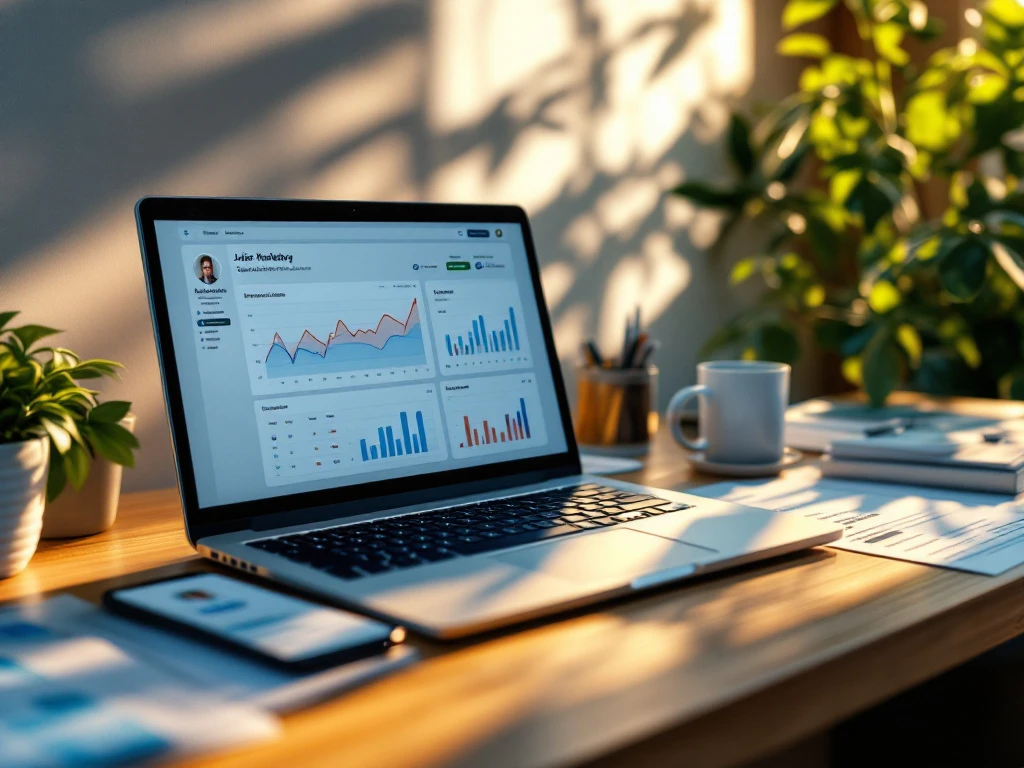 Werkplek van een junior marketeer met laptop, marketingdashboard, contentkalender, certificaten en smartphone met LinkedIn-profiel in warm ochtendlicht.