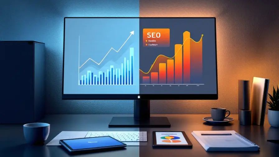 Professionele digitale marketing werkruimte met analytics dashboard en conversiediagrammen naast een bureau met SEO-specialist wervingsmap en tablet met klantconversietrechter.