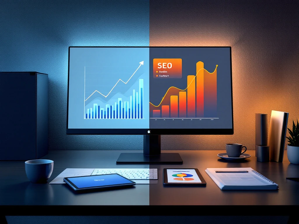 Professionele digitale marketing werkruimte met analytics dashboard en conversiediagrammen naast een bureau met SEO-specialist wervingsmap en tablet met klantconversietrechter.