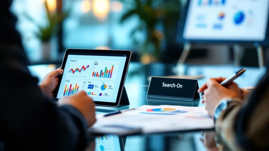 Professioneel marketinggesprek bij Search-On met tablet vol analytics, marketingportfolio op glazen tafel en strategiebord op de achtergrond in modern kantoor.
