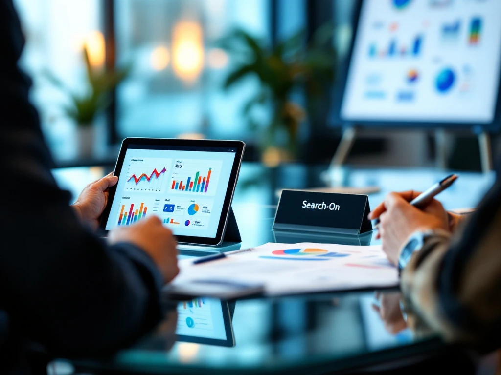 Professioneel marketinggesprek bij Search-On met tablet vol analytics, marketingportfolio op glazen tafel en strategiebord op de achtergrond in modern kantoor.
