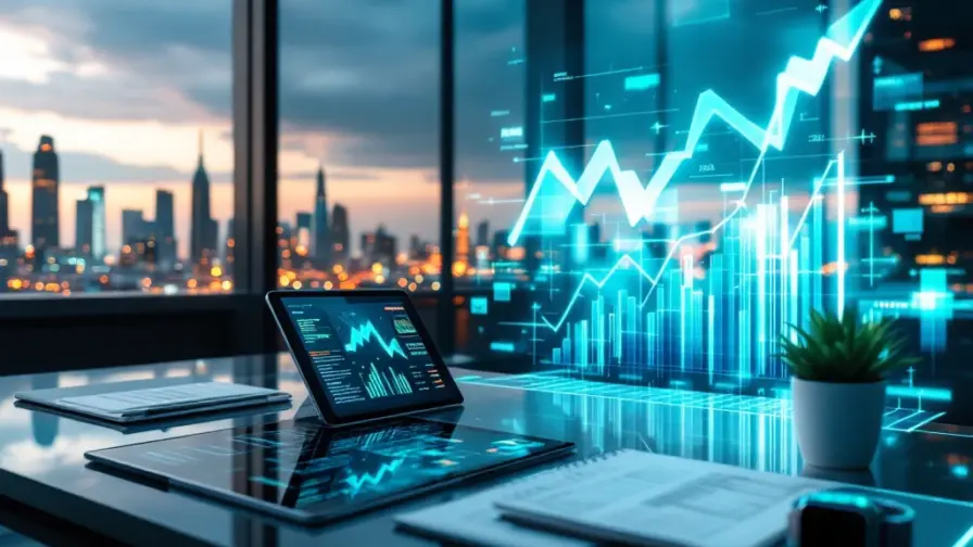 Futuristisch bureau met holografische grafieken en salaristrends, tablet met marketinganalyses en skyline van topsectoren in het ochtendlicht.