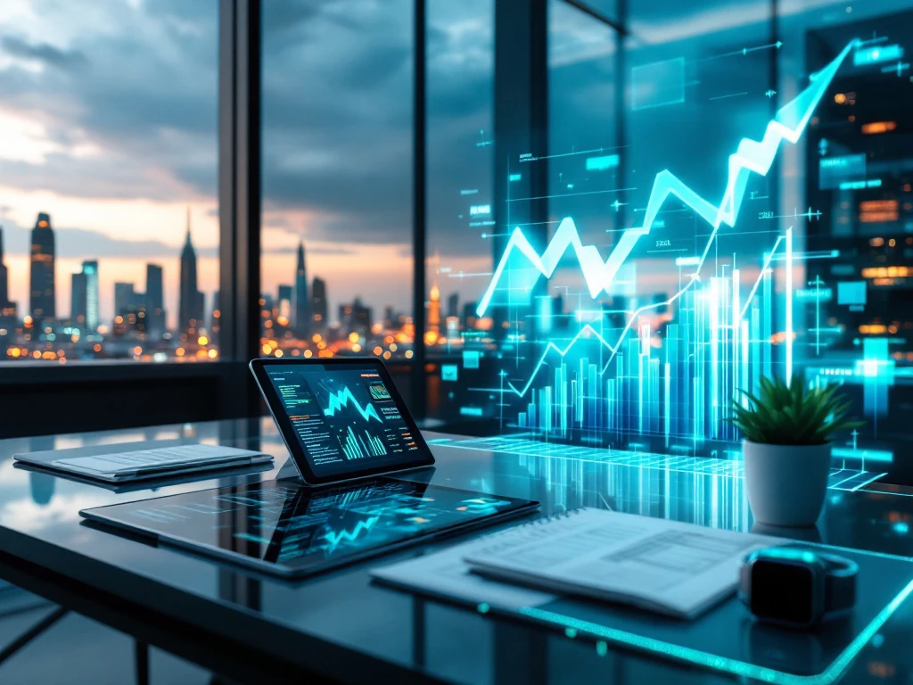 Futuristisch bureau met holografische grafieken en salaristrends, tablet met marketinganalyses en skyline van topsectoren in het ochtendlicht.