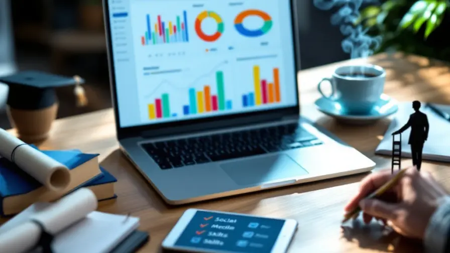 Moderne marketingwerkplek met laptop die analytics toont, marketingboeken, tablet met sociale media-iconen en koffiekop met klimsymbool.