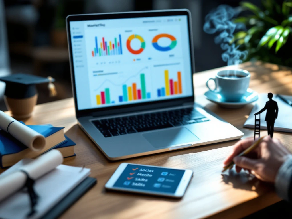 Moderne marketingwerkplek met laptop die analytics toont, marketingboeken, tablet met sociale media-iconen en koffiekop met klimsymbool.