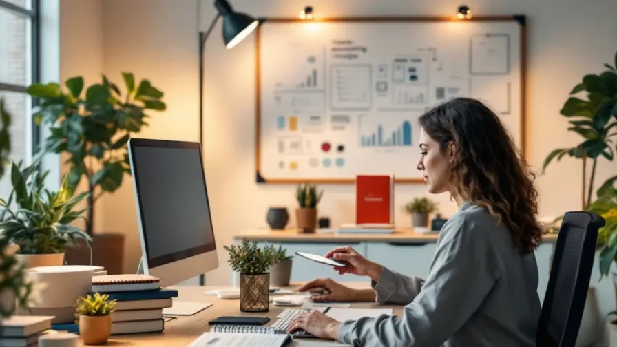 Modern kantoor met twee werkplekken: één volledig ingericht, één in voorbereiding. Welkomstpakket voor nieuwe marketingmedewerker wordt geplaatst.