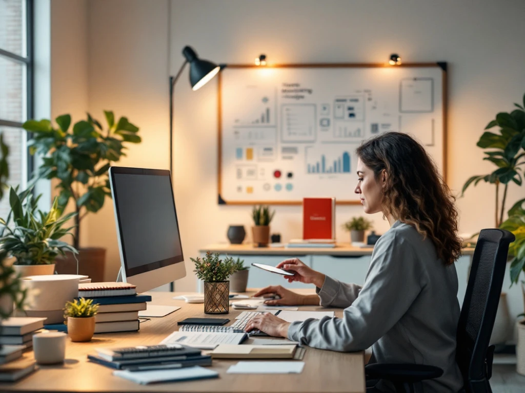 Modern kantoor met twee werkplekken: één volledig ingericht, één in voorbereiding. Welkomstpakket voor nieuwe marketingmedewerker wordt geplaatst.
