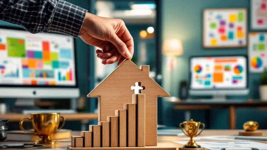 Hand plaatst laatste puzzelstuk in houten huis op modern kantoor met werkstations, groeigrafiek en trofee. Op achtergrond whiteboard met marketingstrategieën.
