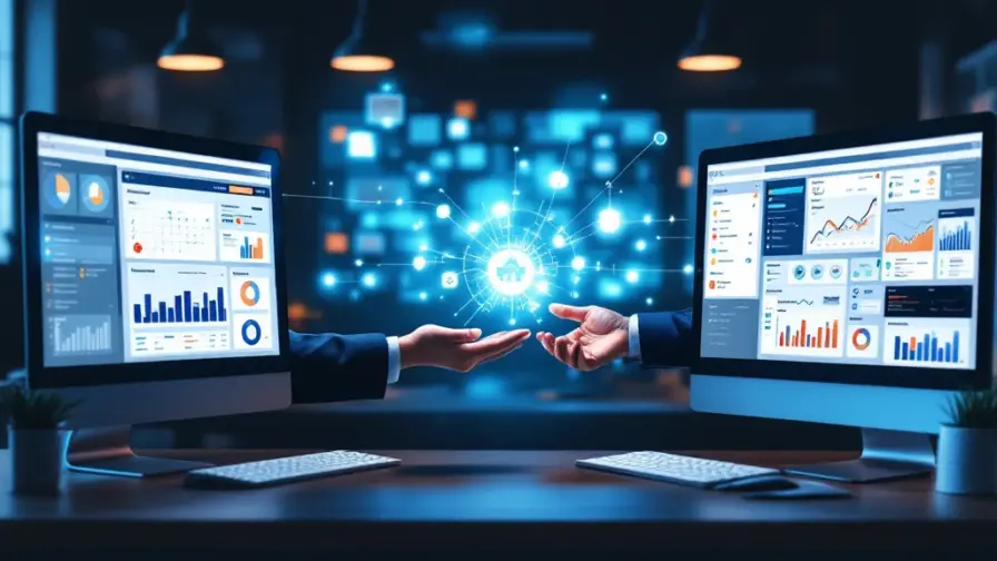 Kennisoverdracht tussen marketingwerkstations met verbonden dashboards in een modern kantoor; handen wisselen een lichtgevend object uit.