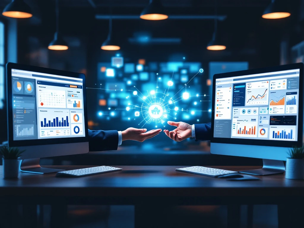 Kennisoverdracht tussen marketingwerkstations met verbonden dashboards in een modern kantoor; handen wisselen een lichtgevend object uit.
