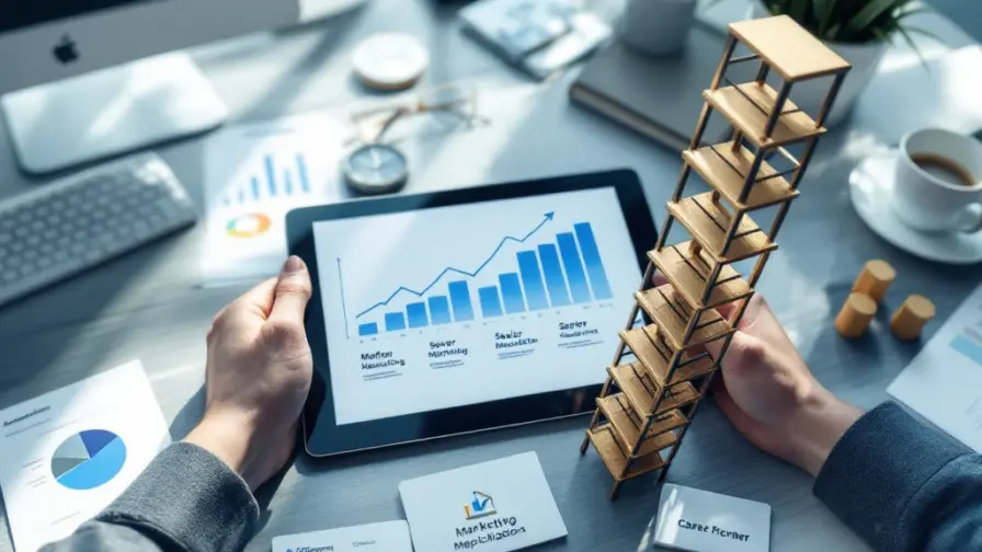 Professioneel marketingbureau met carrièretijdlijn op tablet, visitekaartjes met oplopende functies en een carrièreladder, omringd door analyserapporten en strategische documenten.