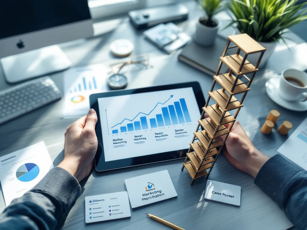 Professioneel marketingbureau met carrièretijdlijn op tablet, visitekaartjes met oplopende functies en een carrièreladder, omringd door analyserapporten en strategische documenten.