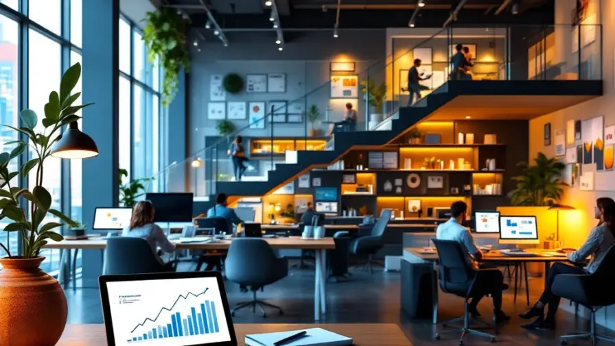 Moderne marketingafdeling met werkplekken op verschillende niveaus die carrièregroei symboliseren, met analysedisplays en samenwerkingsruimtes.