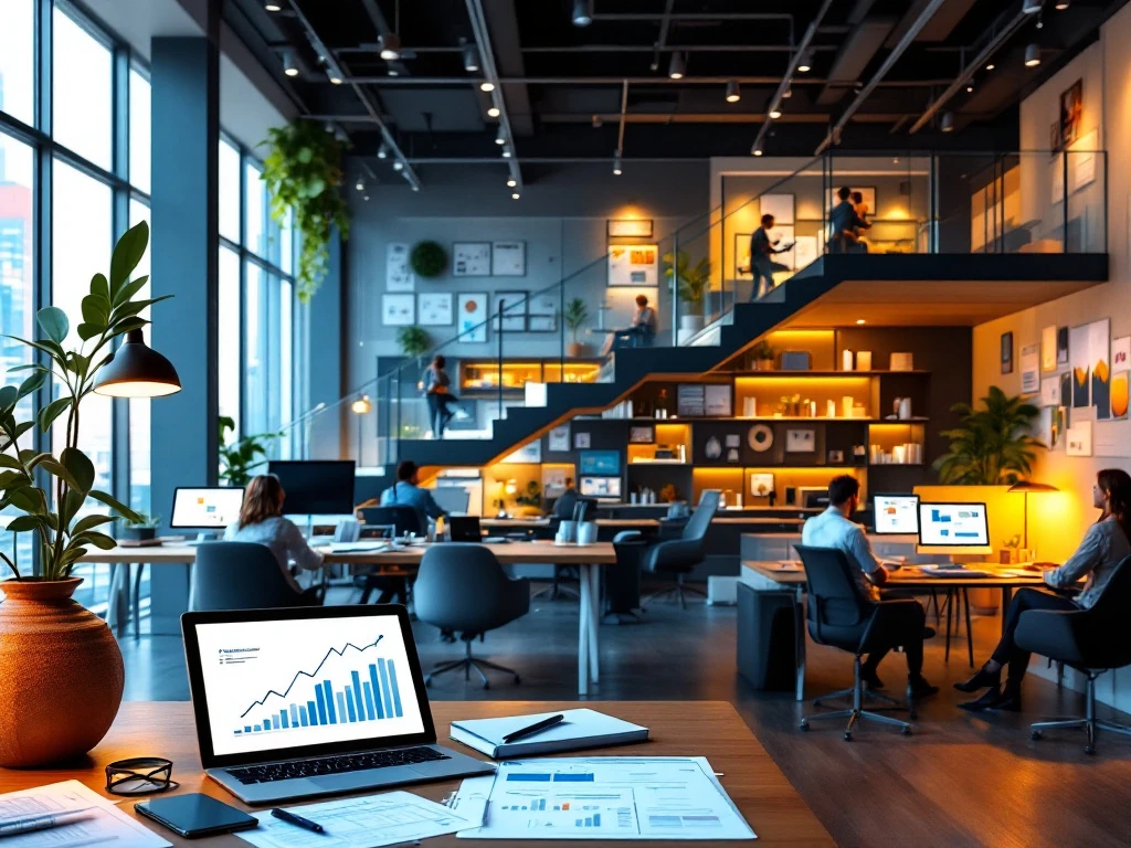 Moderne marketingafdeling met werkplekken op verschillende niveaus die carrièregroei symboliseren, met analysedisplays en samenwerkingsruimtes.