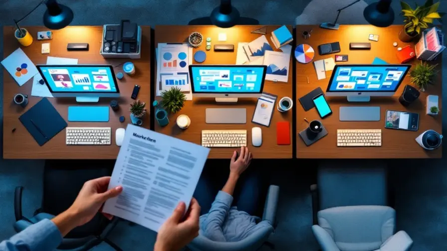 Drie werkplekken die de carrièreontwikkeling in marketing tonen, van junior tot senior, met toenemende complexiteit in hulpmiddelen en taken in een professionele kantooromgeving.