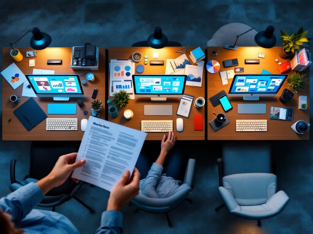 Drie werkplekken die de carrièreontwikkeling in marketing tonen, van junior tot senior, met toenemende complexiteit in hulpmiddelen en taken in een professionele kantooromgeving.
