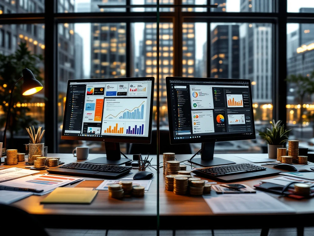 Professionele werkplekken voor marketing en communicatie in Amsterdam met salarisvisualisaties, eurobiljetten en contrasterende verlichting tegen een stadsgezicht.