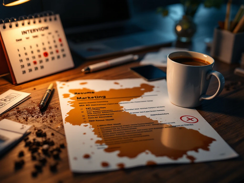 Gemorste koffie op een marketing CV veroorzaakt vlekken op belangrijke secties, naast digitale marketingiconen en een laptop met afwijzingsmail.
