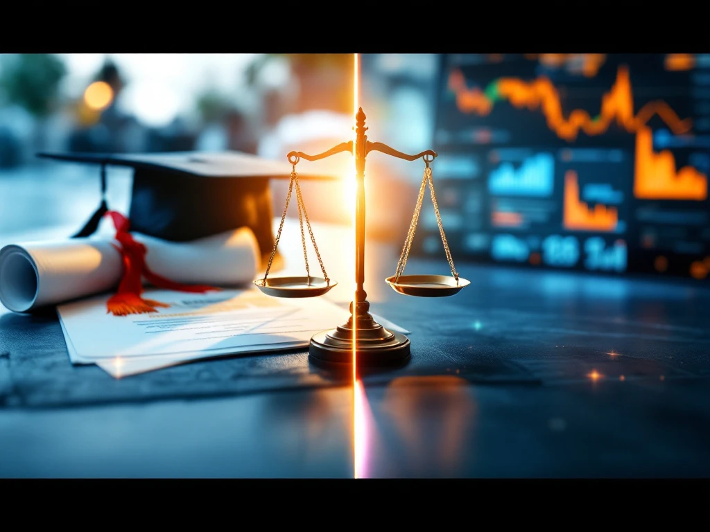 Vergelijking tussen marketingopleiding en praktijkervaring met weegschaal die licht naar ervaring neigt, in professionele kleuren voor werving en selectie.