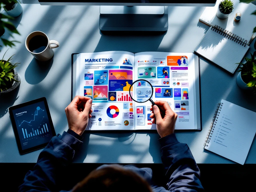 Professioneel bureau met open marketingportfolio, hand onderzoekt materialen met loep, tablet toont analyses en notitieboek in minimalistisch daglicht.