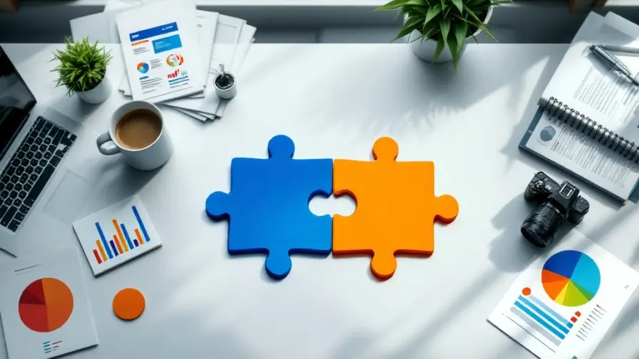 Blauwe en oranje puzzelstukken verbinden perfect op een modern bureau met marketingmaterialen en uitzicht op het Amsterdamse zakendistrict in professionele sfeer.