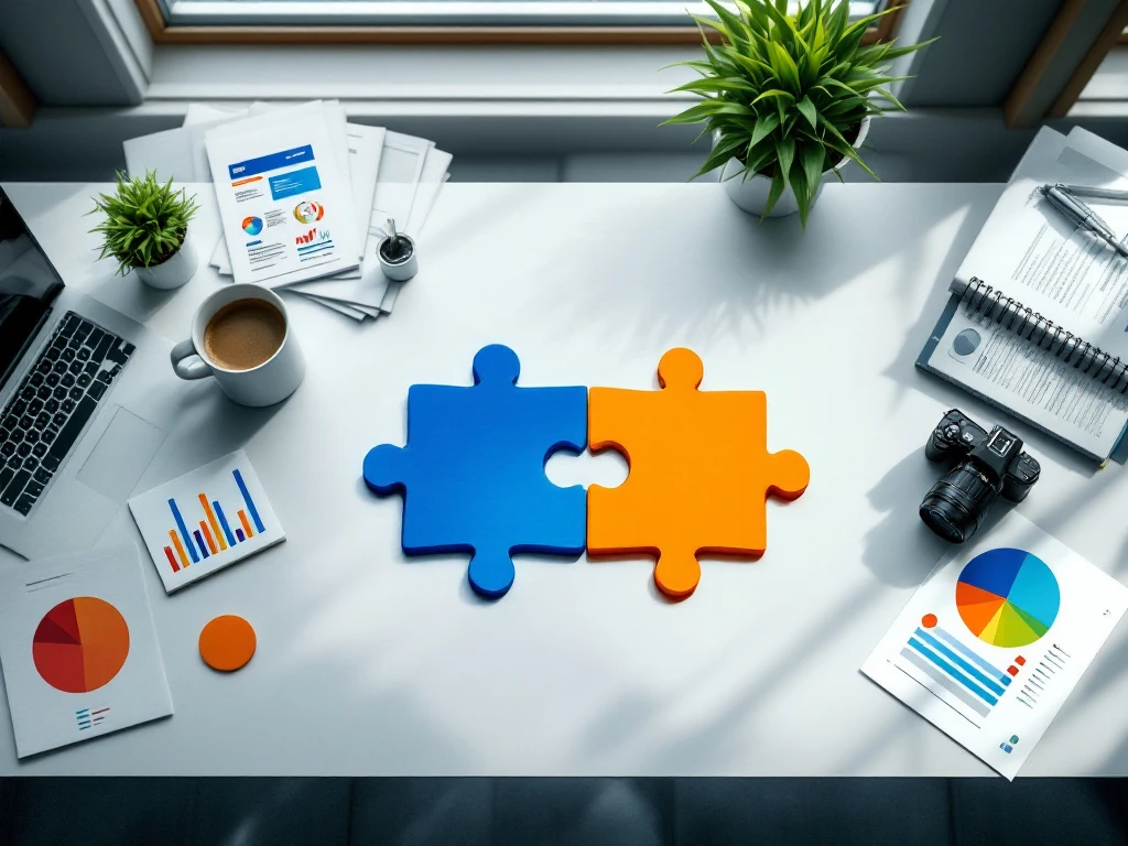 Blauwe en oranje puzzelstukken verbinden perfect op een modern bureau met marketingmaterialen en uitzicht op het Amsterdamse zakendistrict in professionele sfeer.