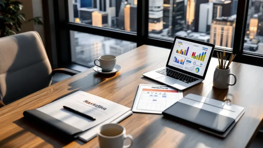 Professionele bureau-opstelling voor marketingsollicitatiegesprek met laptop, portfolio en tablet in een modern kantoor met skyline-uitzicht.
