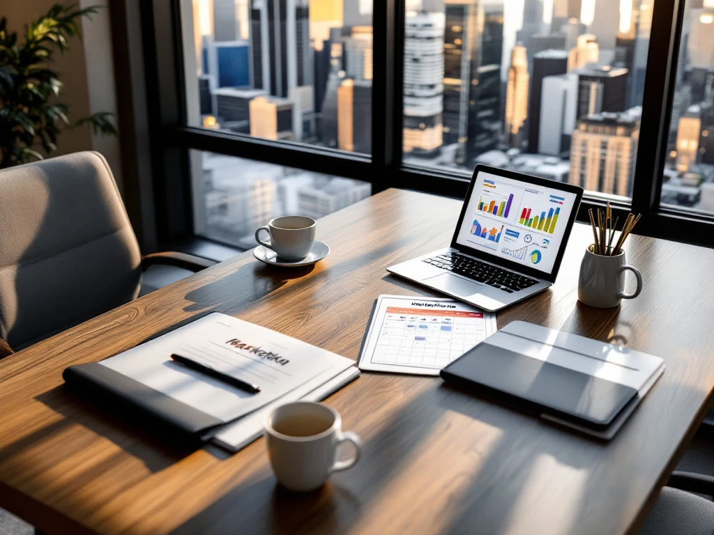 Professionele bureau-opstelling voor marketingsollicitatiegesprek met laptop, portfolio en tablet in een modern kantoor met skyline-uitzicht.
