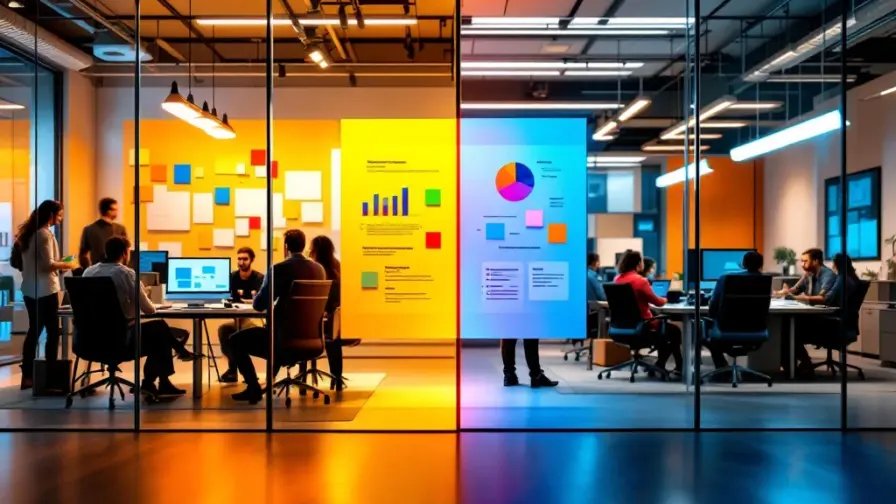 Contrasterende marketingomgevingen: levendige, open startup werkruimte naast gestructureerde corporate afdeling met overlappende strategiedocumenten.