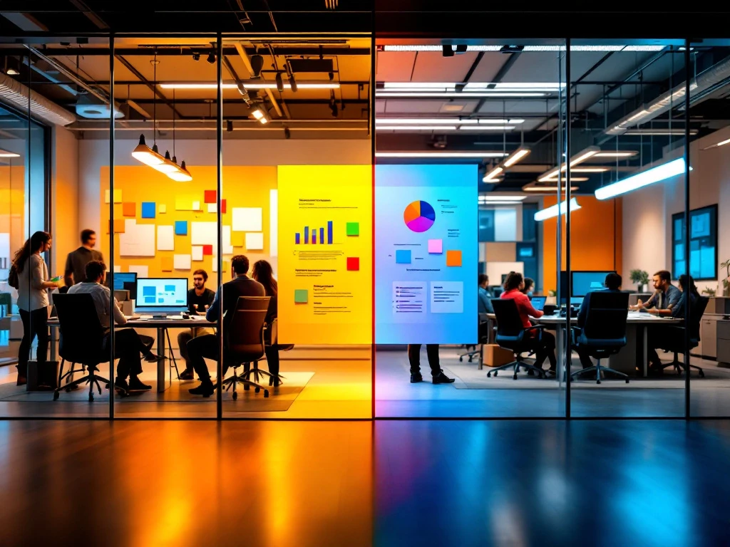 Contrasterende marketingomgevingen: levendige, open startup werkruimte naast gestructureerde corporate afdeling met overlappende strategiedocumenten.