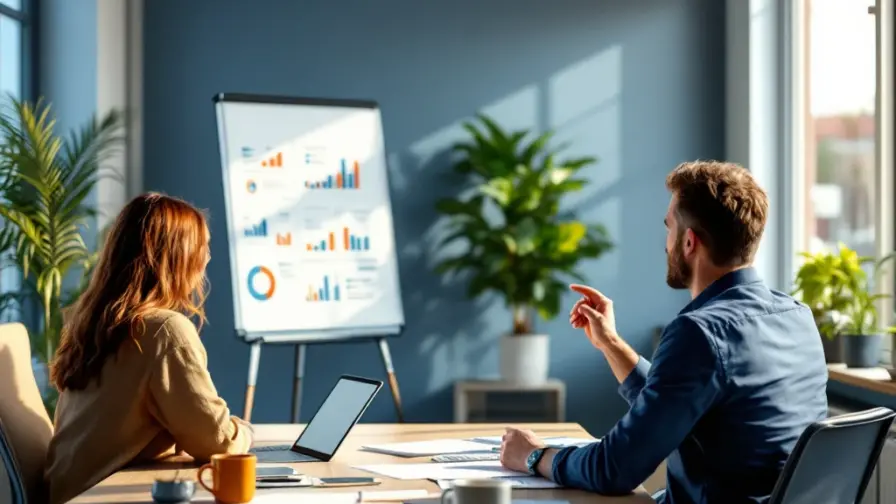 Nieuwe medewerker wordt ingewerkt op marketingafdeling; collega wijst naar marketingstrategie op whiteboard in modern kantoor met blauwe en oranje accenten.