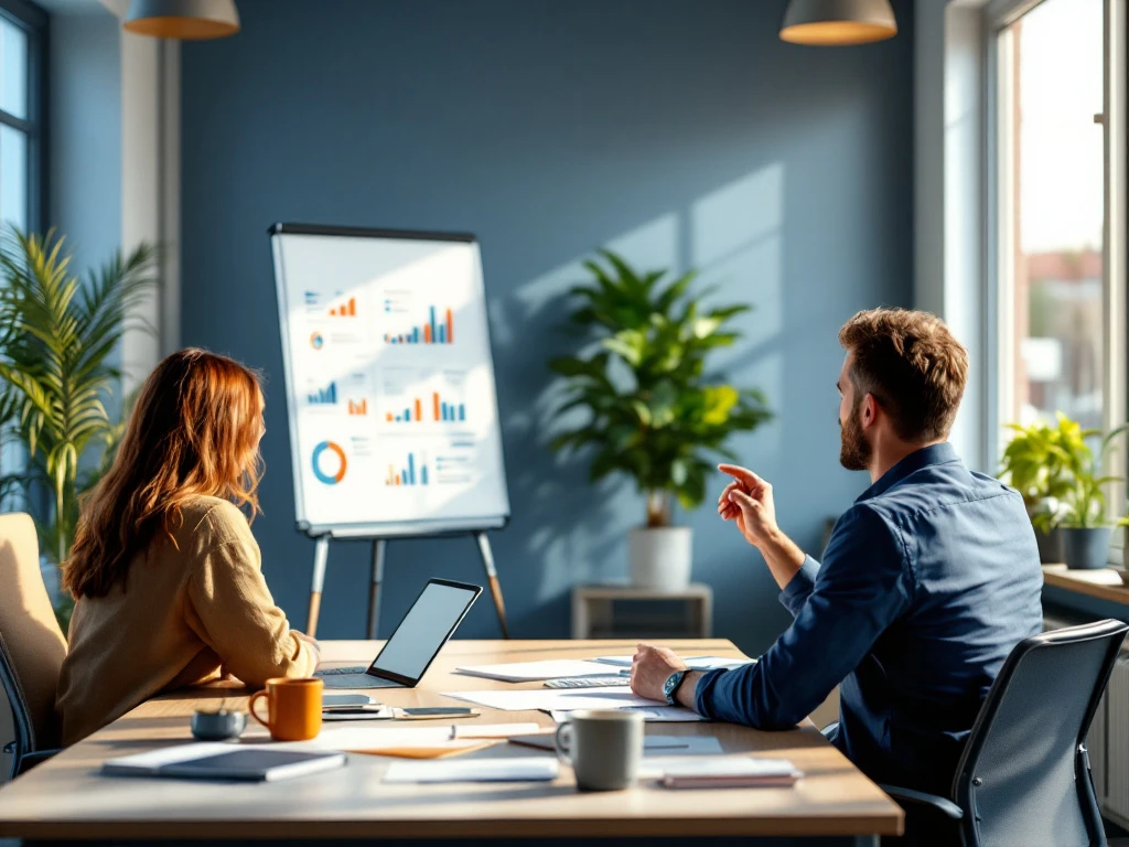 Nieuwe medewerker wordt ingewerkt op marketingafdeling; collega wijst naar marketingstrategie op whiteboard in modern kantoor met blauwe en oranje accenten.