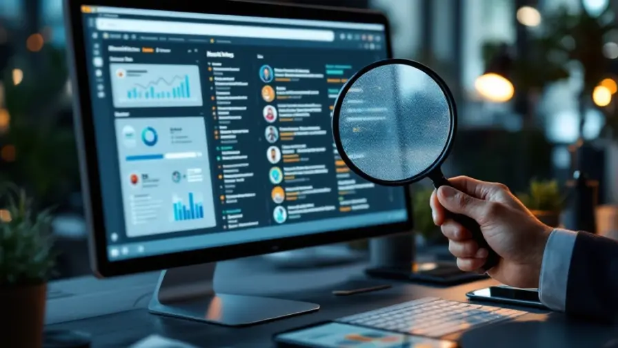 Moderne werkplek met computer die marketingvacatures toont, hand met vergrootglas, analysegrafieken op tablet en smartphone met jobmeldingen in professionele kantooromgeving.