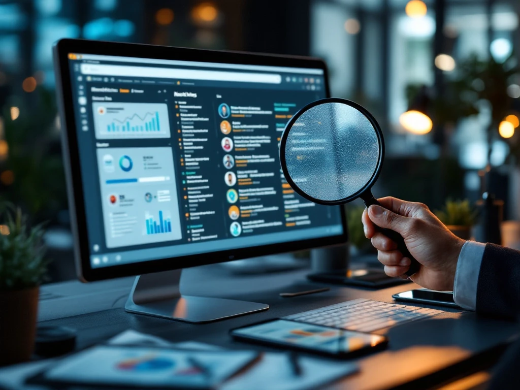 Moderne werkplek met computer die marketingvacatures toont, hand met vergrootglas, analysegrafieken op tablet en smartphone met jobmeldingen in professionele kantooromgeving.