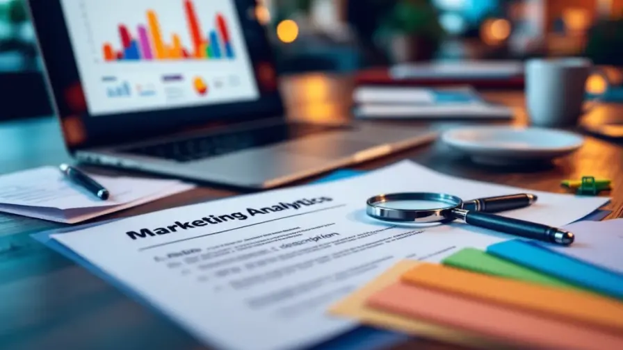 Modern bureau met laptop die marketinganalytics toont, een sollicitatiebeschrijving, kleurrijke cv's en een loep die marketingtermen benadrukt in een warme kantooromgeving.