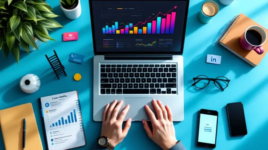 Professionele marketingwerkplek met laptop die opwaartse grafieken toont, tablet met sociale media-metrics, notitieboek, carrièreladder en LinkedIn-meldingen op smartphone.