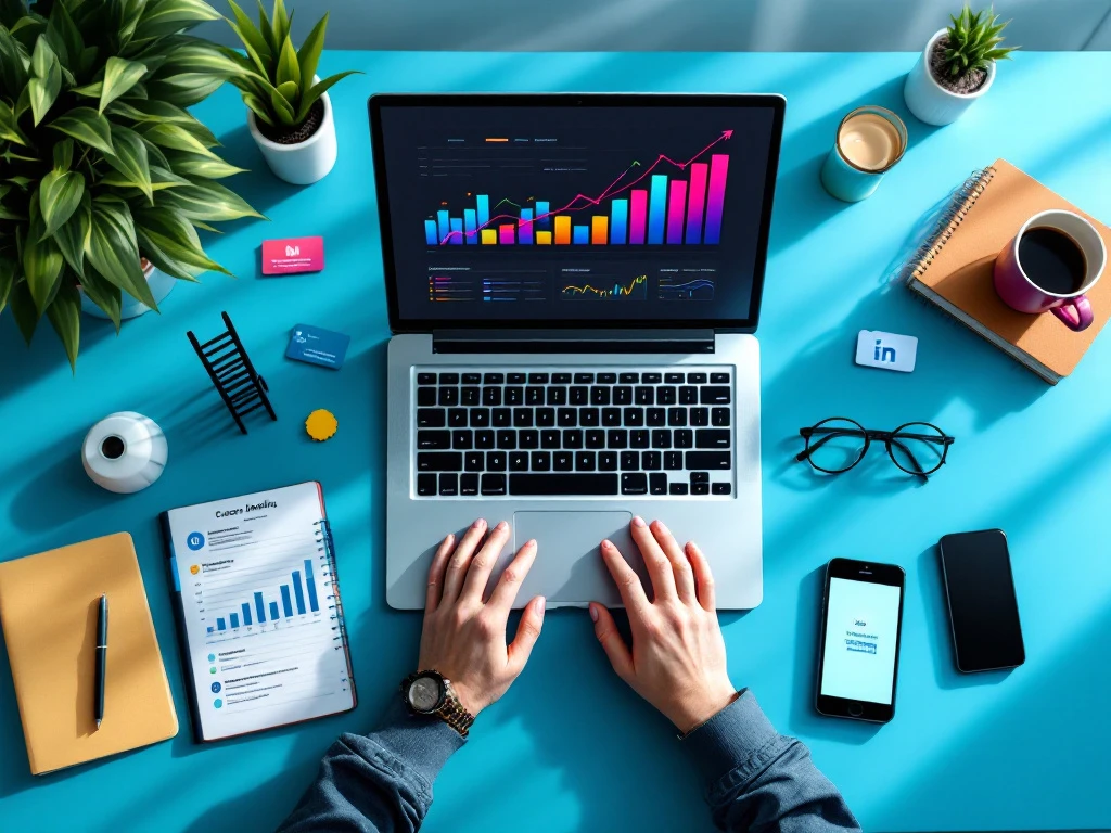 Professionele marketingwerkplek met laptop die opwaartse grafieken toont, tablet met sociale media-metrics, notitieboek, carrièreladder en LinkedIn-meldingen op smartphone.