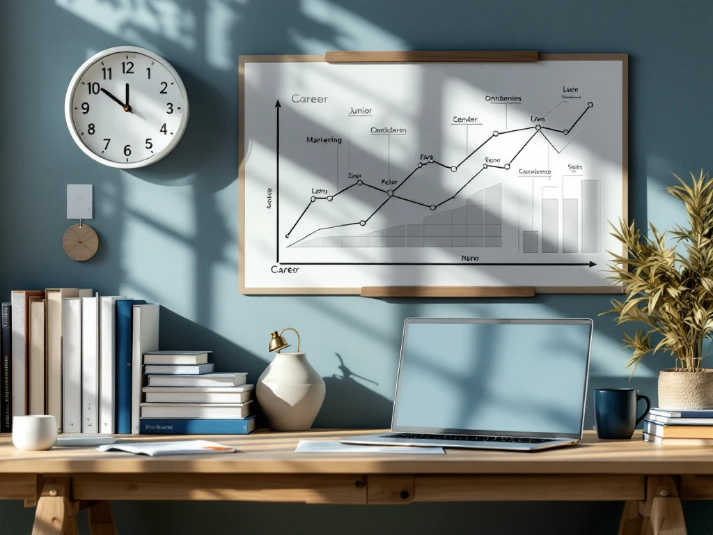 Professionele marketingwerkplek met laptop, vakliteratuur en carrièrepad-diagram van junior naar senior positie, in warme houttinten voor recruitmentbureau.
