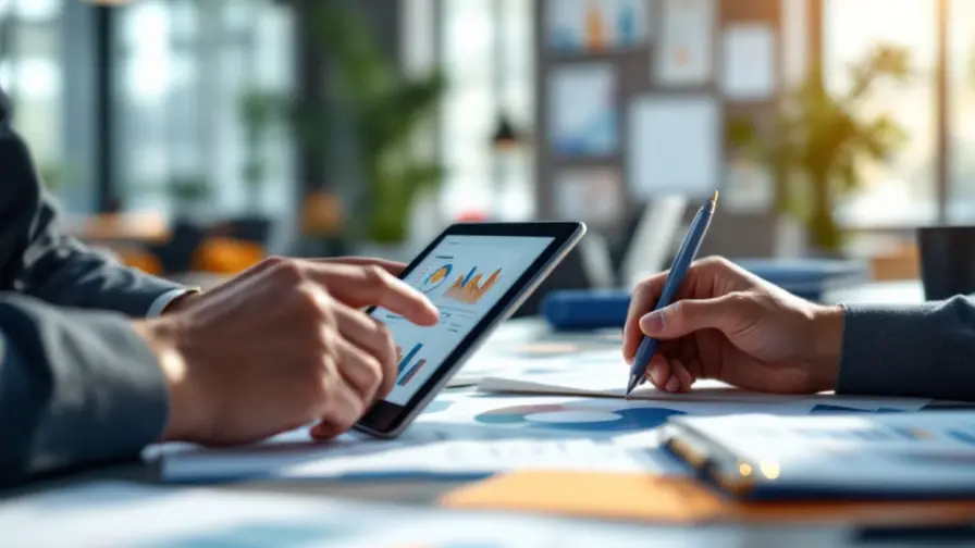 Handen bezig met marketingtaken op tablet met analyses terwijl materialen worden geschikt in moderne werkruimte met blauwe en oranje accenten